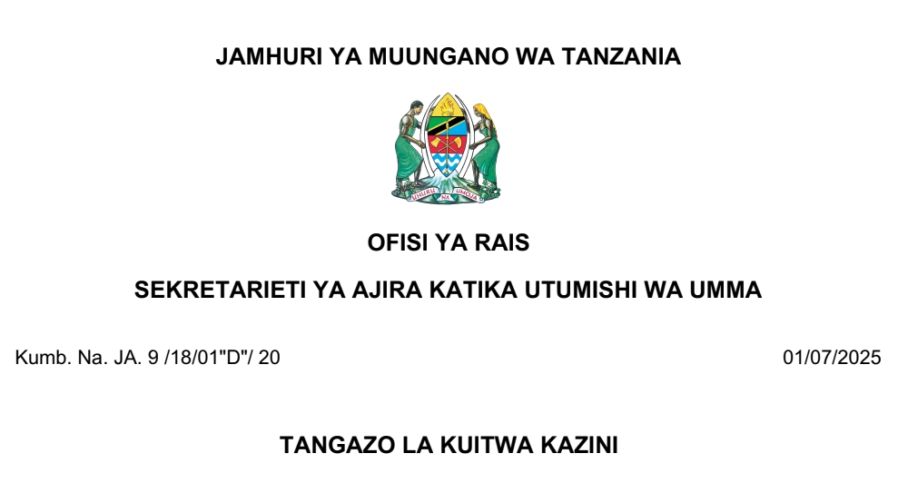 MAJINA ya Walioitwa Kazini UTUMISHI 01/07/2025