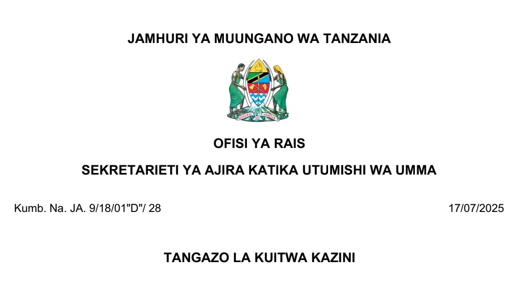 MAJINA ya Walioitwa Kazini UTUMISHI 17/07/2025