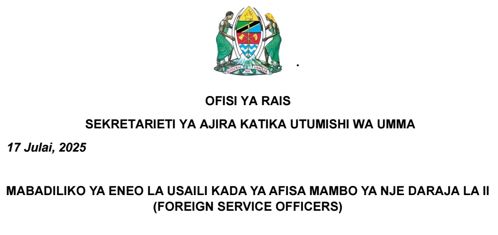 MABADILIKO ya Eneo la Usaili Wa Vitendo Kada ya Afisa Mambo ya Nje Daraja la II