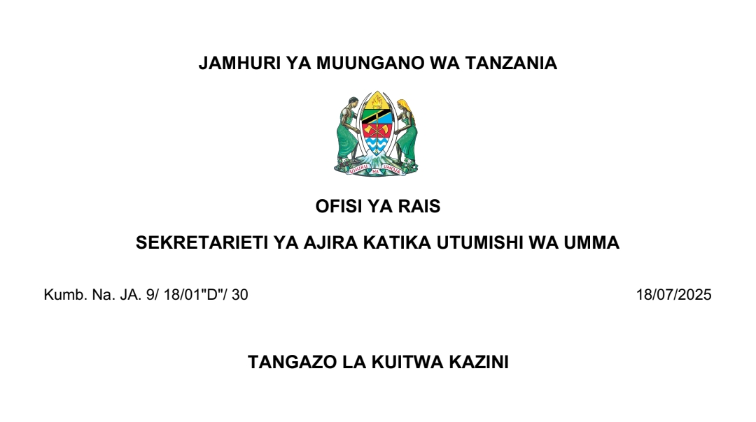 MAJINA ya Walioitwa Kazini UTUMISHI 18/07/2025