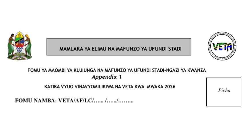 FOMU Za Kujiunga na VETA 2026 Ngazi ya Kwanza na Orodha ya Vyuo