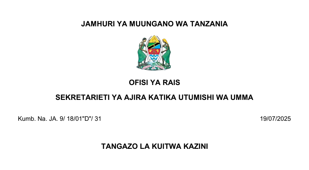 MAJINA ya Walioitwa Kazini UTUMISHI 19/07/2025