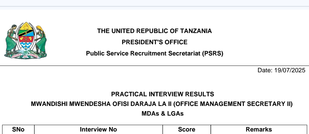 MATOKEO ya Usaili Wa Vitendo Mwandishi Mwendesha Ofisi Daraja la II 19/07/2025