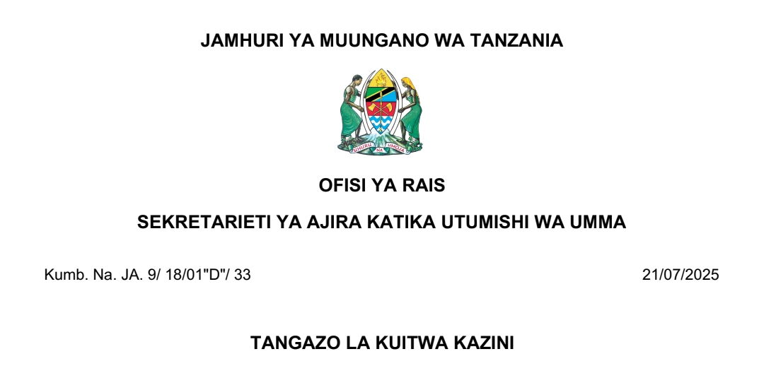 MAJINA ya Walioitwa Kazini UTUMISHI 21/07/2025