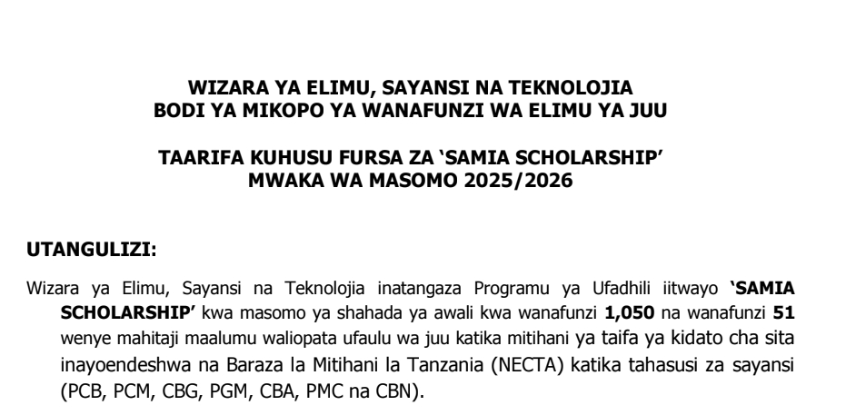 SIFA Za Kupata Ufadhili wa Masomo Samia Scholarship 2025/2026