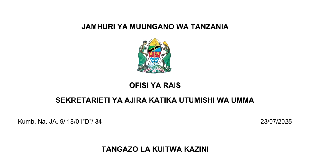 MAJINA ya Walioitwa Kazini UTUMISHI 23/07/2025