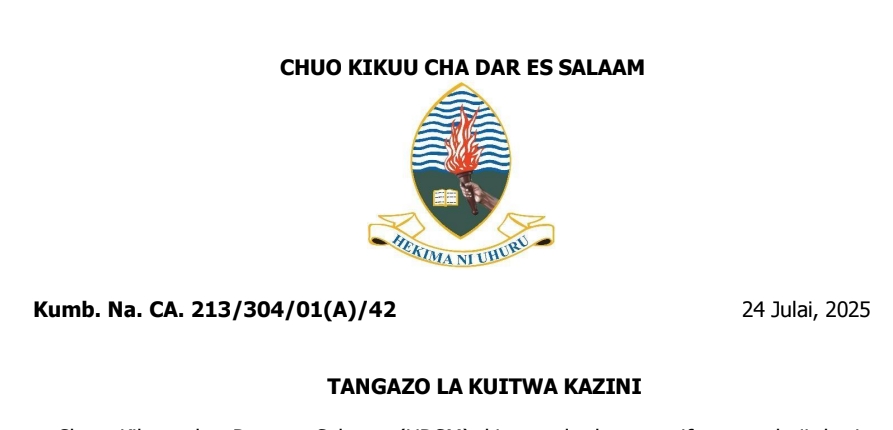 MAJINA ya Walioitwa Kazini UDSM 24/07/2025