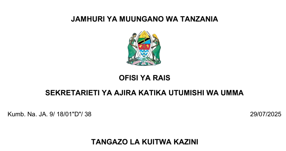 MAJINA ya Walioitwa Kazini UTUMISHI 29/07/2025