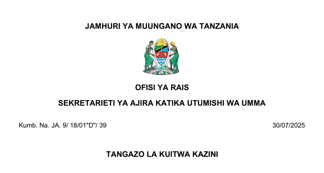 MAJINA ya Walioitwa Kazini UTUMISHI 30/07/2025