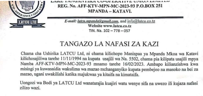 NAFASI Za Kazi Lake Tanganyika Co-operative Union LTD (LATCU)