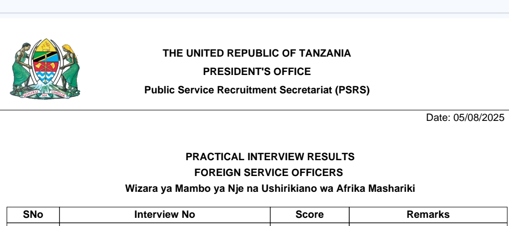 MATOKEO ya Usaili wa Vitendo Foreign Service Officers 04/08/2025