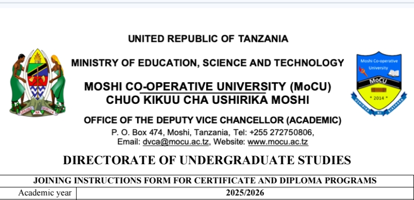 FOMU Za Kujiunga na Chuo Kikuu Cha Ushirika Moshi MoCU 2025/2026