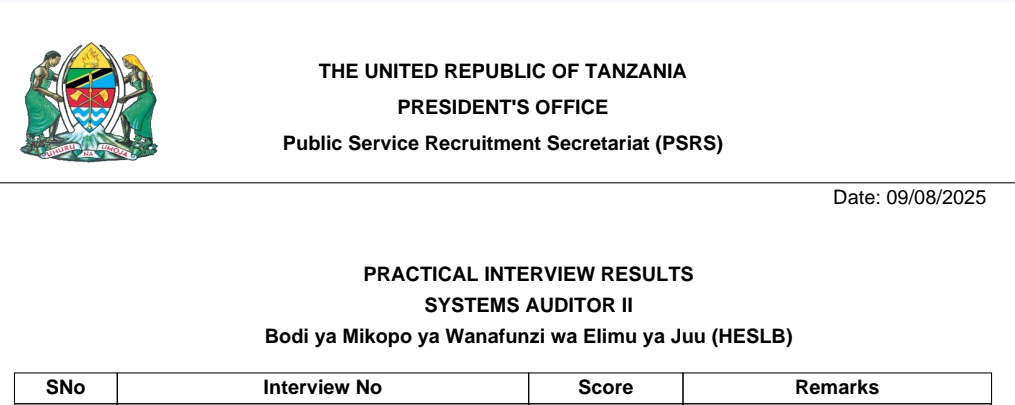 MATOKEO ya Usaili wa Vitendo HESLB 09/08/2025