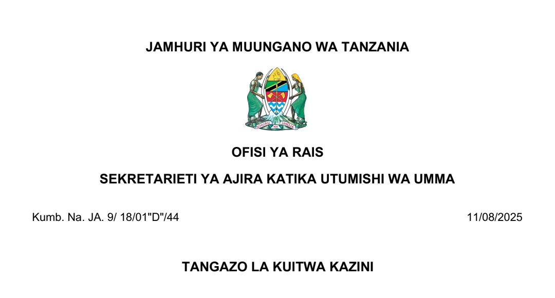 MAJINA ya Walioitwa Kazini UTUMISHI 11/08/2025