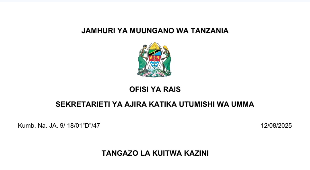 MAJINA ya Walioitwa Kazini UTUMISHI 12/08/2025