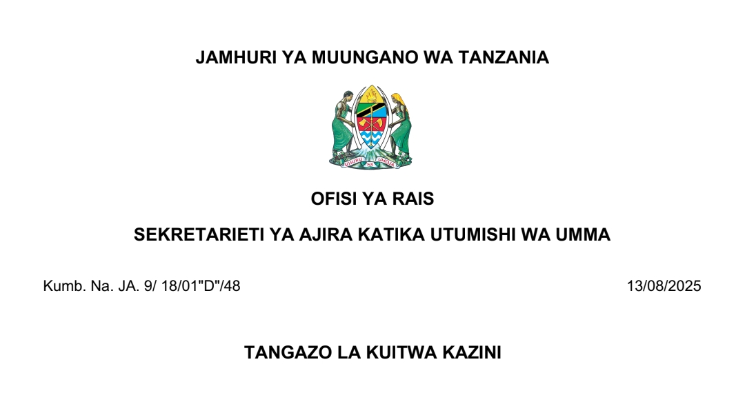 MAJINA ya Walioitwa Kazini UTUMISHI 13/08/2025