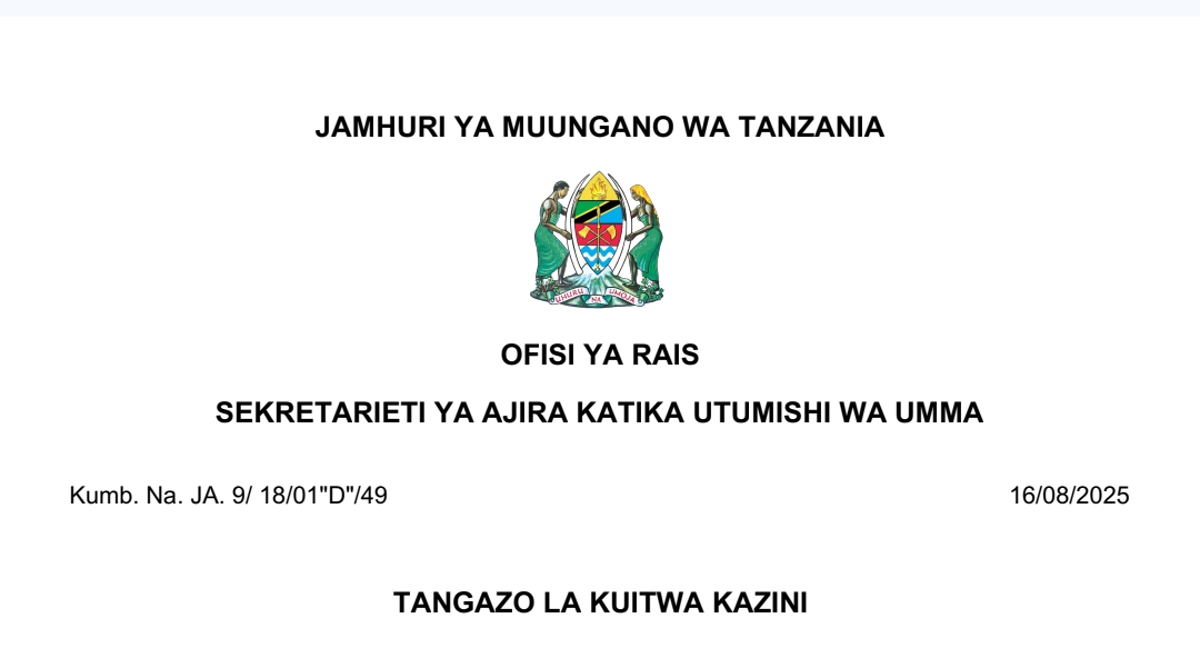 MAJINA ya Walioitwa Kazini UTUMISHI 16/08/2025