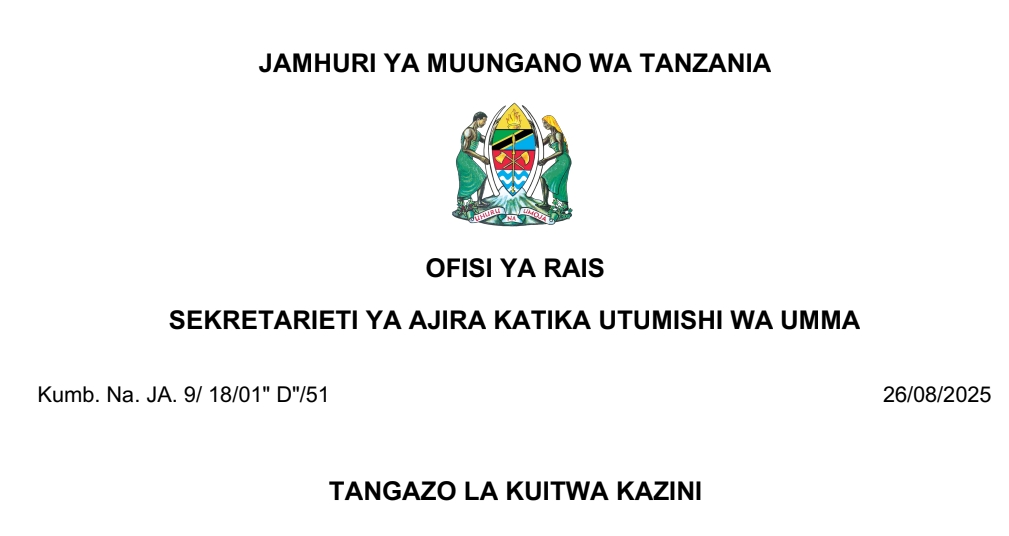 MAJINA ya Walioitwa Kazini UTUMISHI 26/08/2025