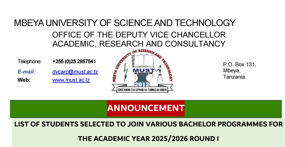 MUST Selected Applicants 2025/2026