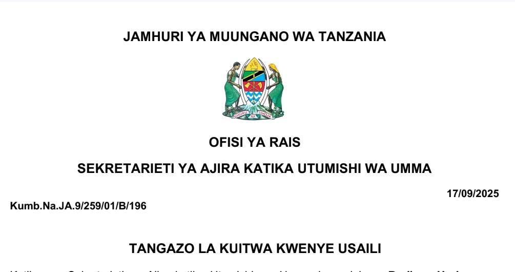 KUITWA Kwenye Usaili TLSB, TAEC, TARI, eGa, TASAC, OTR na CBE 17/09/2025