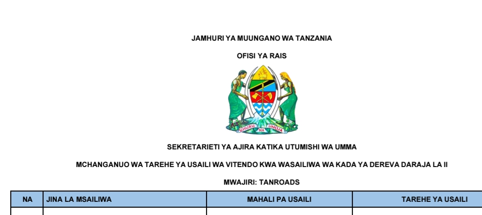 MCHANGANUO wa tarehe ya Usaili wa Vitendo Kada ya Dereva Daraja la II Tanroads