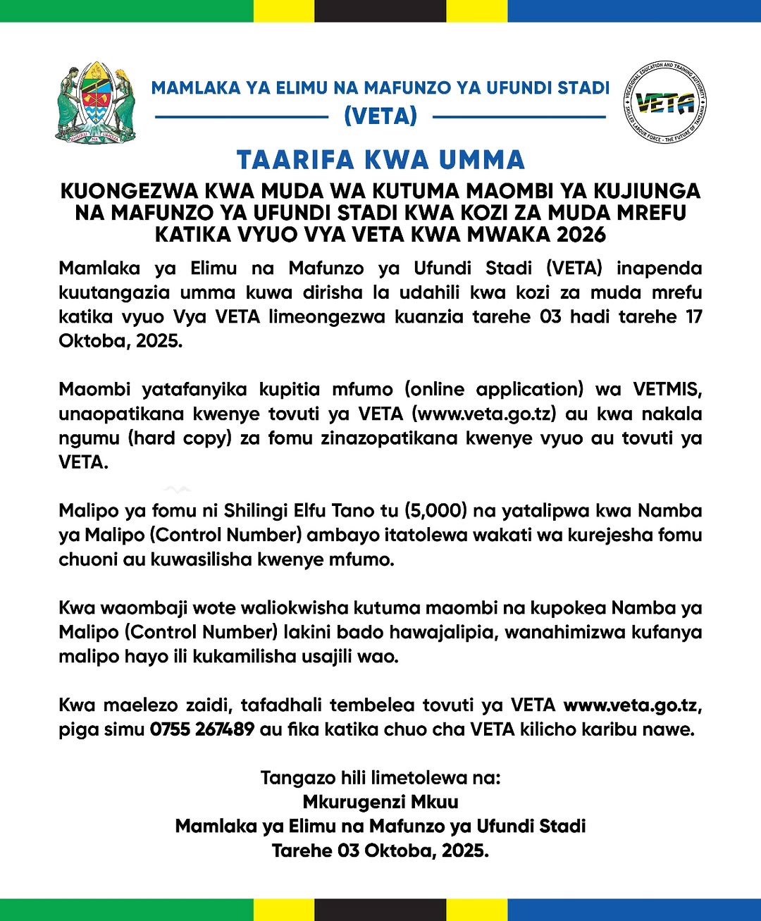 VETA yaongeza Muda wa Kutuma Maombi Kwa Kozi za Muda Mrefu 2026