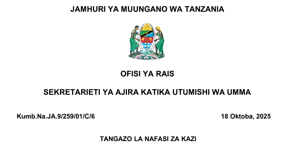 NAFASI 10026 Za Kazi MDAs & LGAs