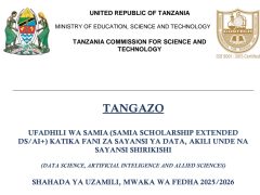 UFADHILI wa Samia Scholarship Extended\nDS\/ AI+) Fani Za Sayansi ya Data, Akili Unde na Sayansi Shirikishi 2025/2026