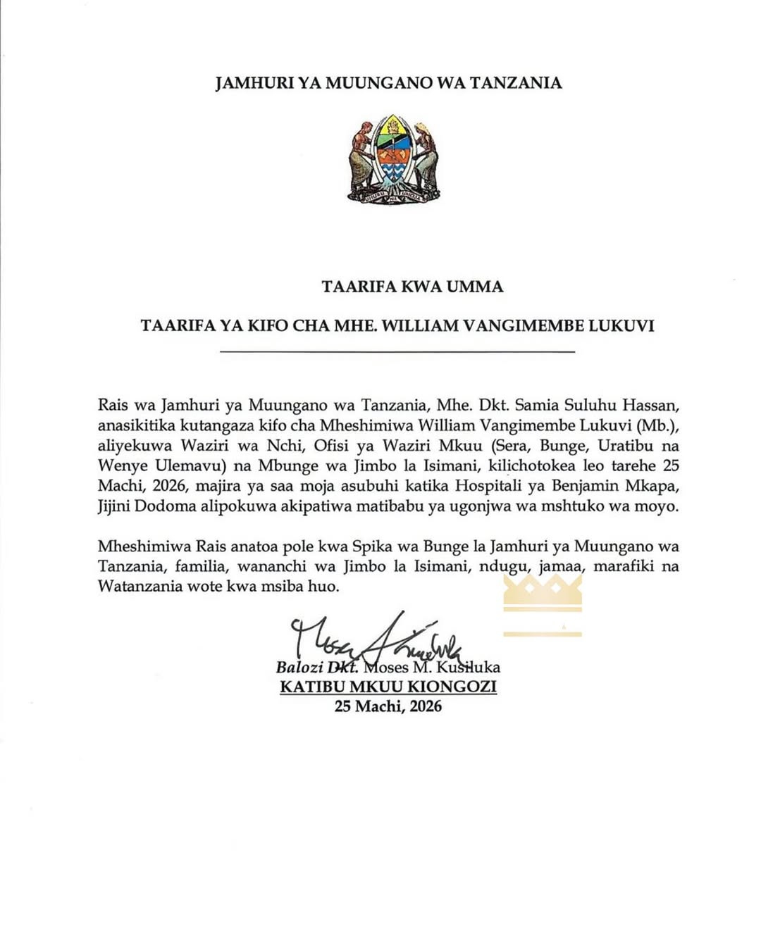 TANZIA William Vangimembe Lukuvi Afariki Dunia