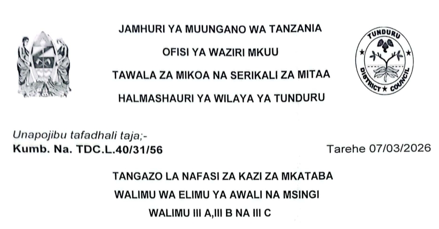 NAFASI 100 Za Walimu Daraja la III A, III B na III C Tunduru District Council