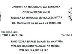 NAFASI 100 Za Walimu Daraja la III A, III B na III C Tunduru District Council