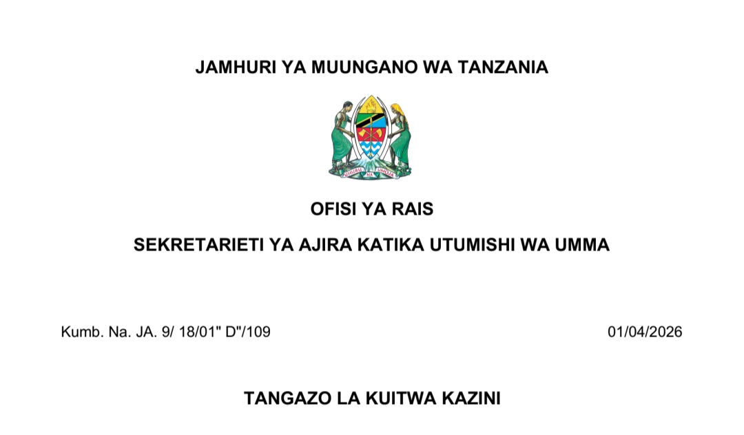 KUITWA Kazini UTUMISHI 01 April 2026