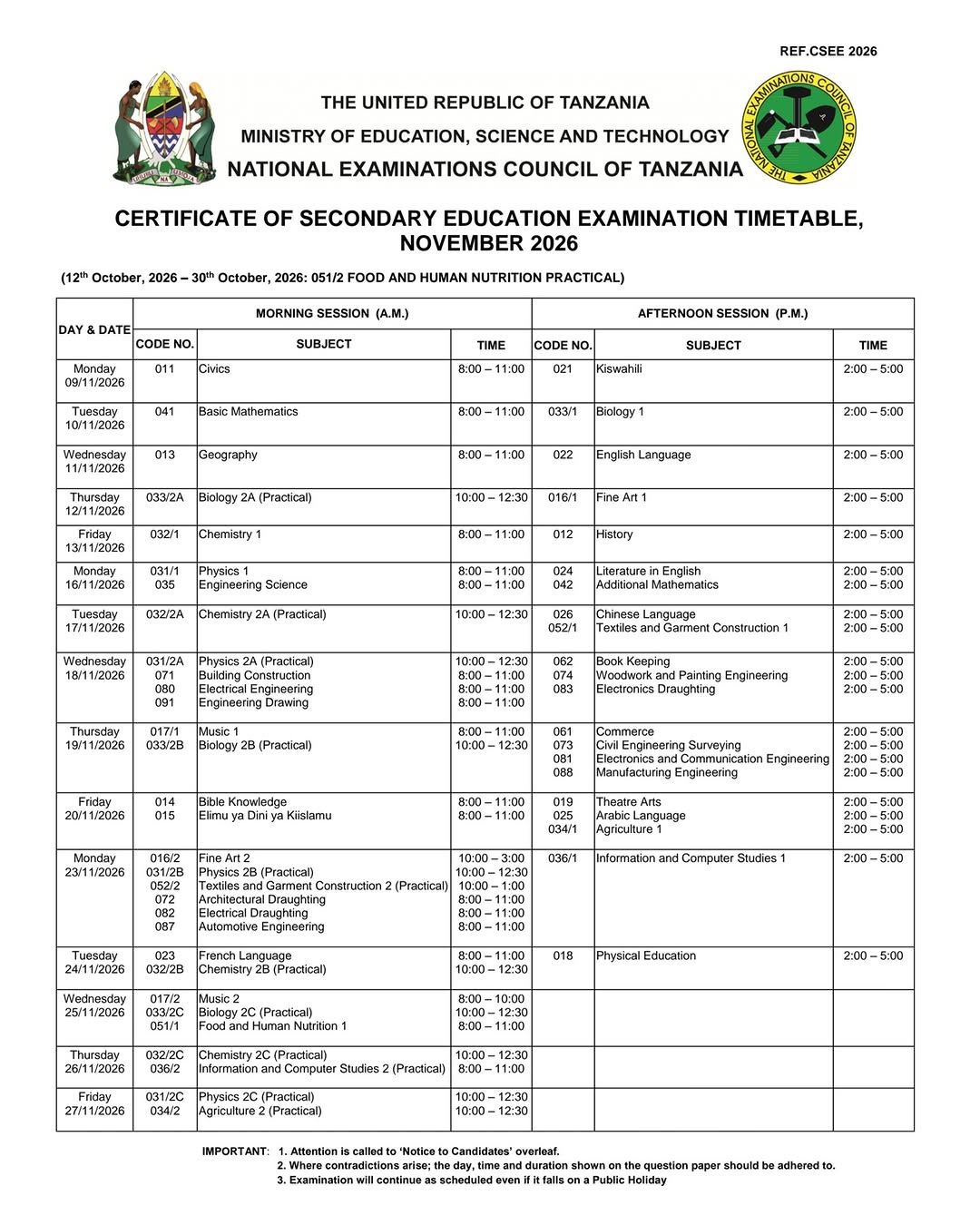 RATIBA ya Mtihani wa Kidato cha Nne 2026